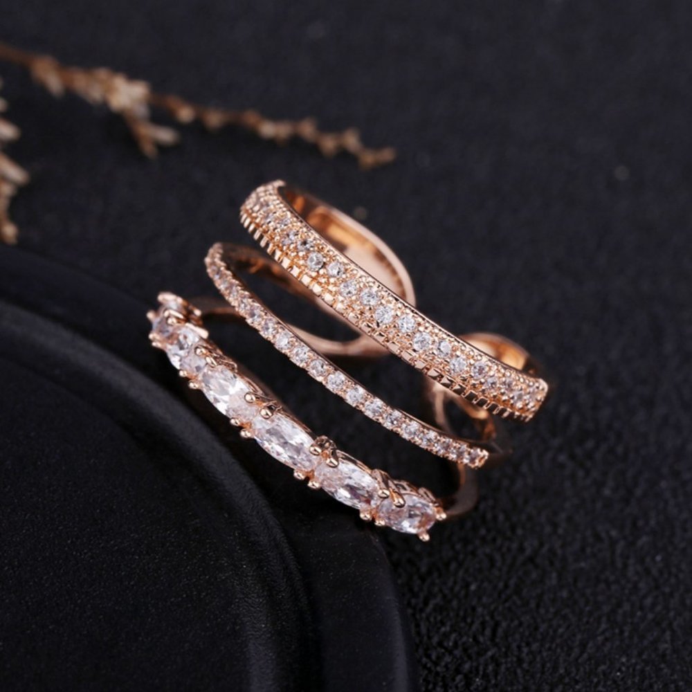 Rose Gold Diamond Triple Stackable Adjustable Ring - Picture 1 of 16